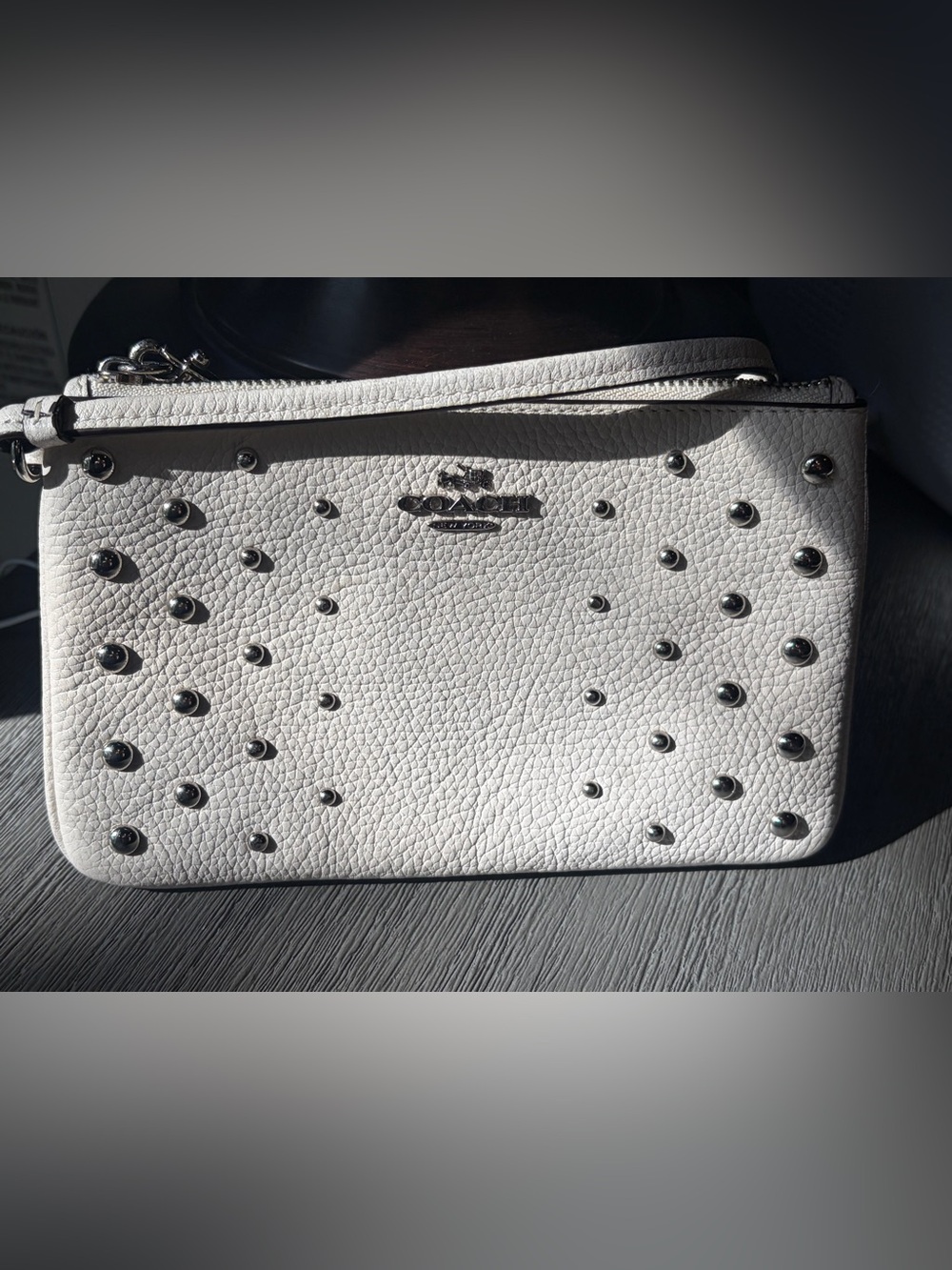 Coach F13617-57982 White Pebbled Leather Studded Wristlet Silver Hardware
